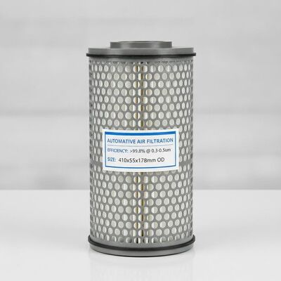 Μέγεθος κάτω μέρος 410x55 Mm Στοιχείο φίλτρου φυσιγγίου με απόδοση φιλτραρίσματος 998 τοις εκατό σωματίδια μεγαλύτερα από 03 έως 05um και κορυφαία διάμετρος OD 178mm που χρησιμοποιείται στην αυτοκινητοβιομηχανία